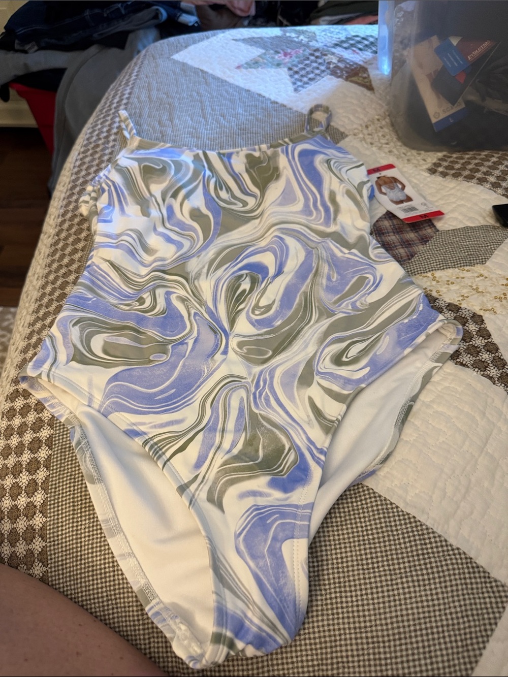 Hurley White Swirl One-Piece Swimsuit with Lavender and Olive Pattern